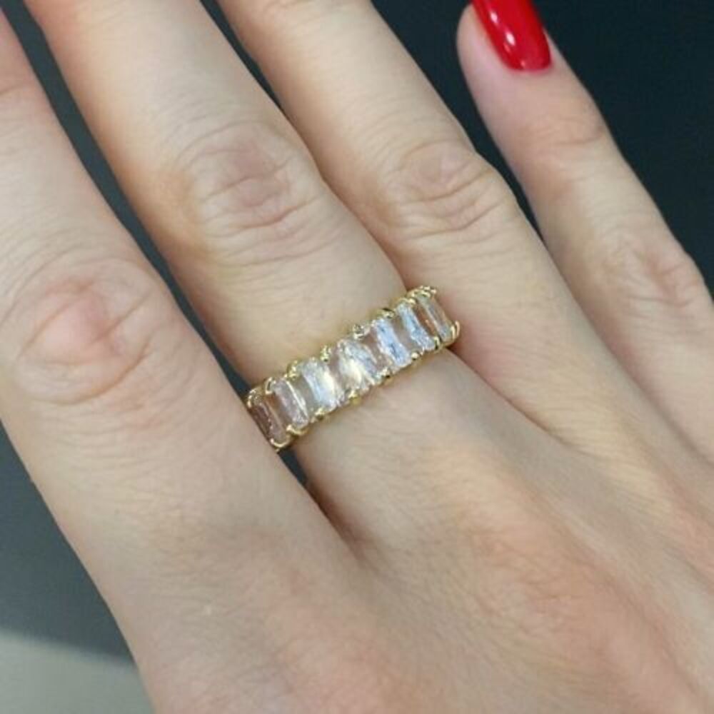 Yellow Gold Plated Eternity Ring Size 6.5 Wide Band Cubic Zirconia Baguettes